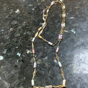 very long gold tone and glass bead necklace 48"